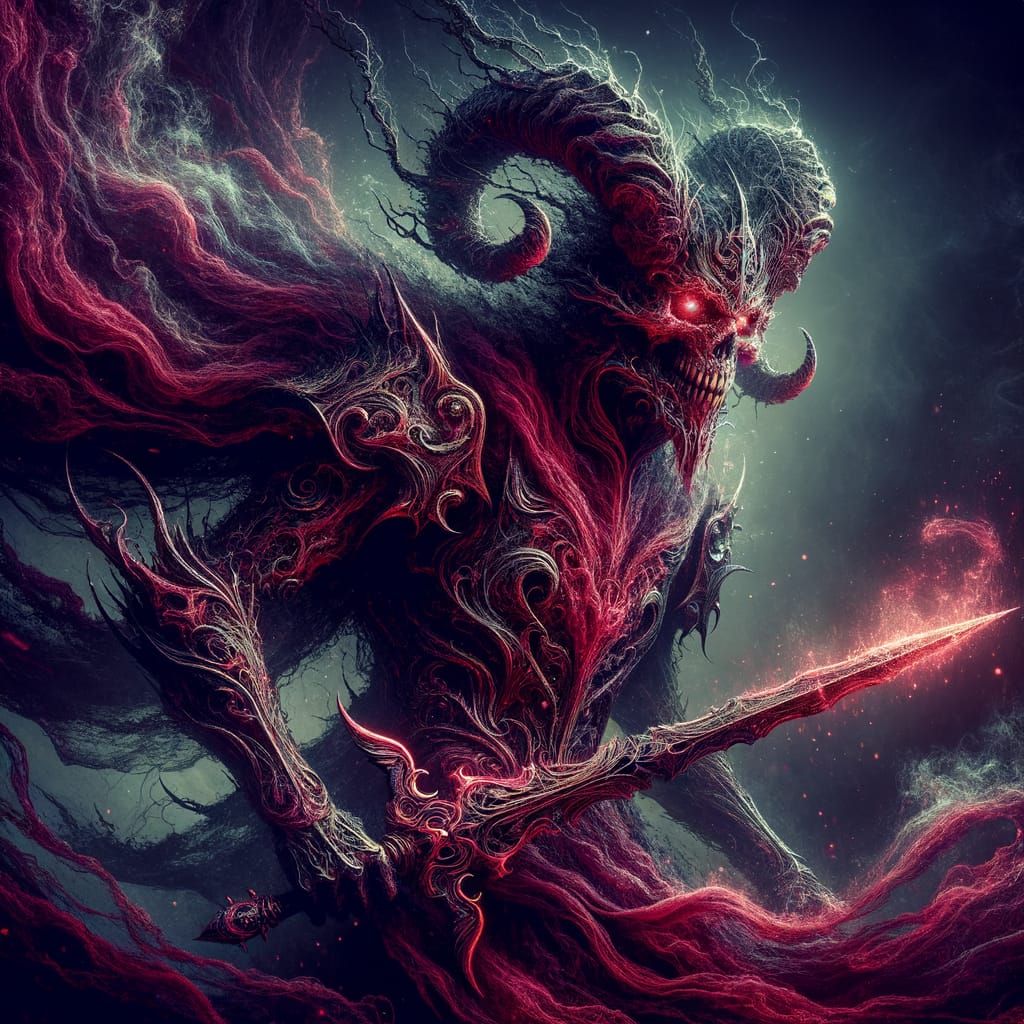 Crimson Demon with Spectral Sword in Gloomy Setting