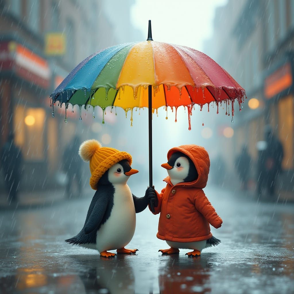 Penguins Under Rainbow Umbrella in Rainy City