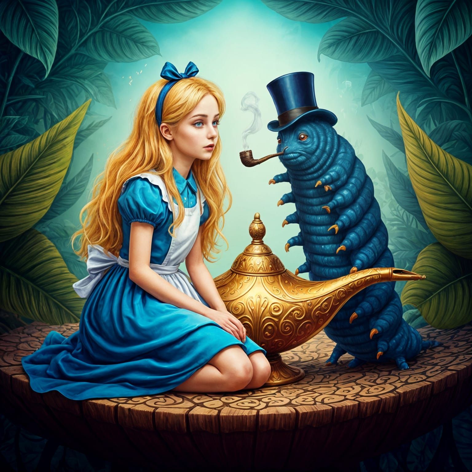 Alice in Wonderland and Caterpillar on Aladdin's Lamp