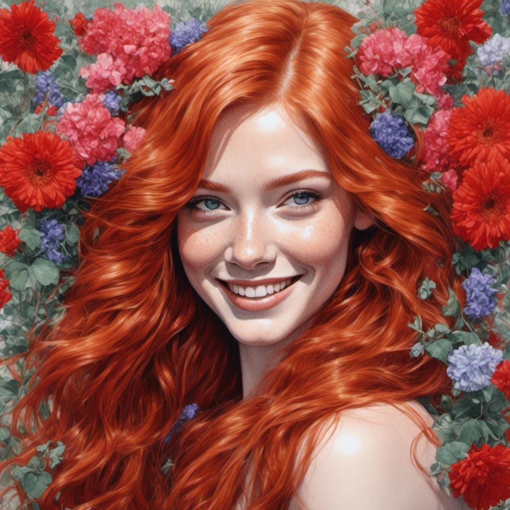 Redhead in Urban Garden with Flowers