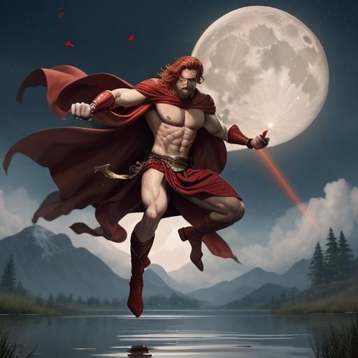 1950s Battle Mage Soaring Over Lake at Night