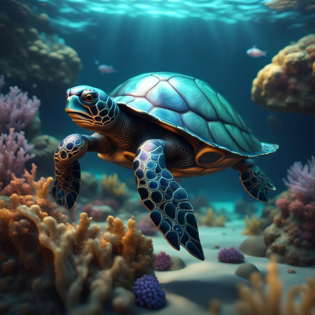 Glass Turtle Under the Sea: Digital Art