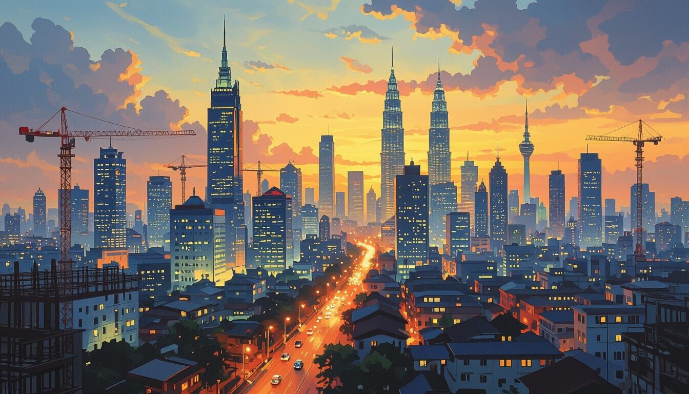 Southeast Asian Cities in the 90s: Economic Boom Oil Paintin...