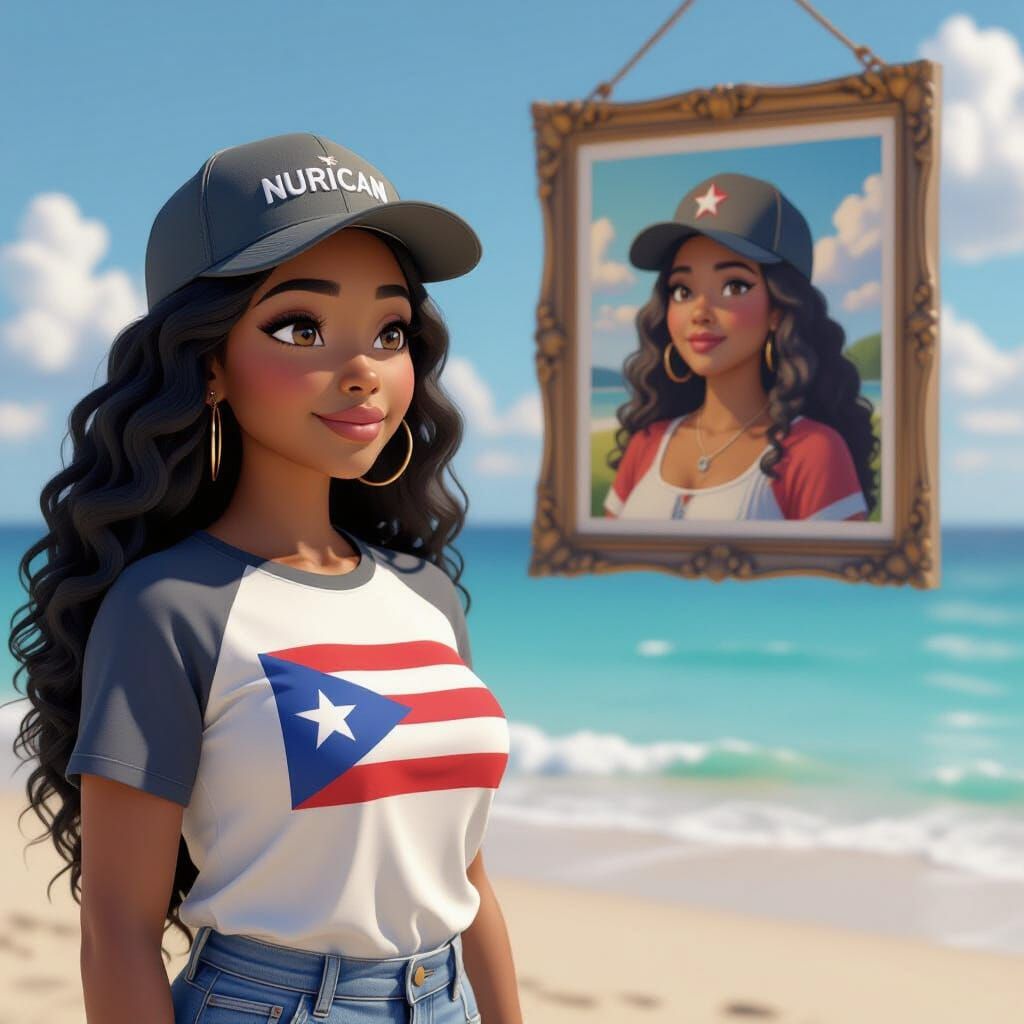 70-Year-Old Black Woman on Beach in Anime Style