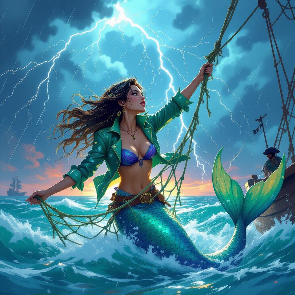 Mermaid's Struggle: A Stormy Capture in Expressive Art Style