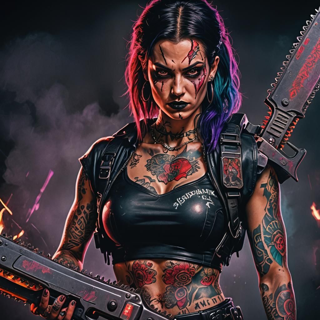 Beautiful evil heart woman holding a chainsaw .
Coloured tat...