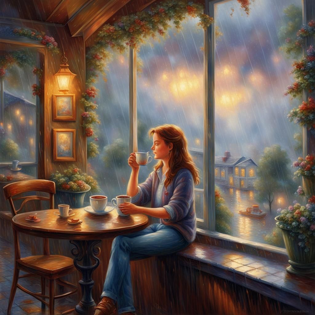 Girl Sipping Coffee in Rainy Bar, Fantasy Art