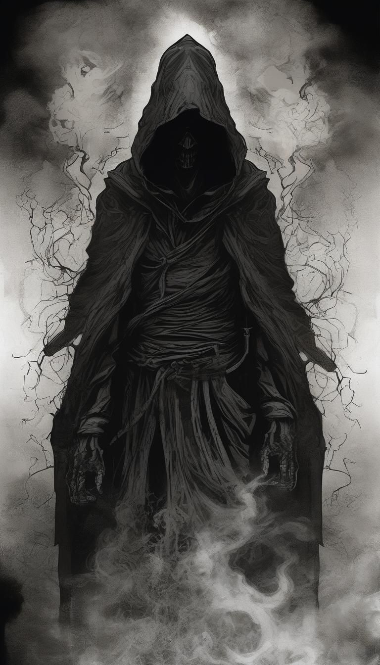 Dark Fantasy Hooded Figure in Japanese Ink Art
