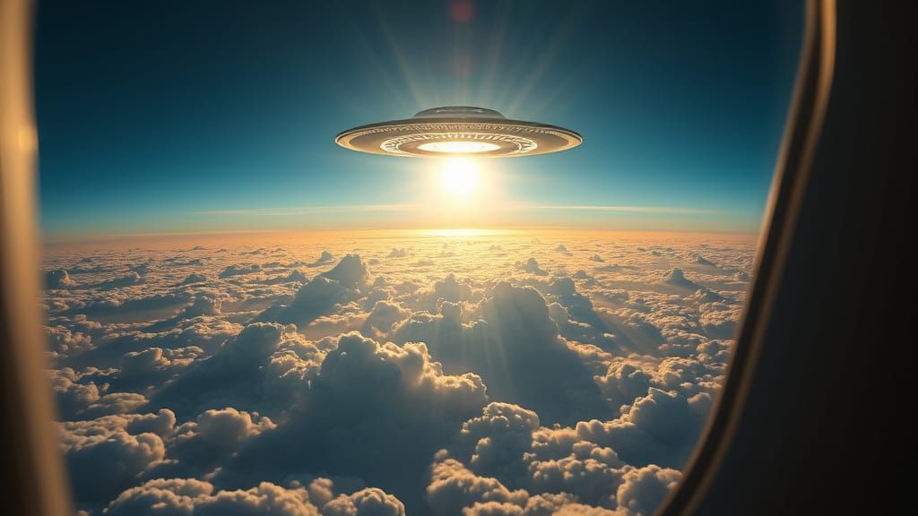 Surreal UFO Emerges from Sunlit Clouds in Hyperrealistic Sty...