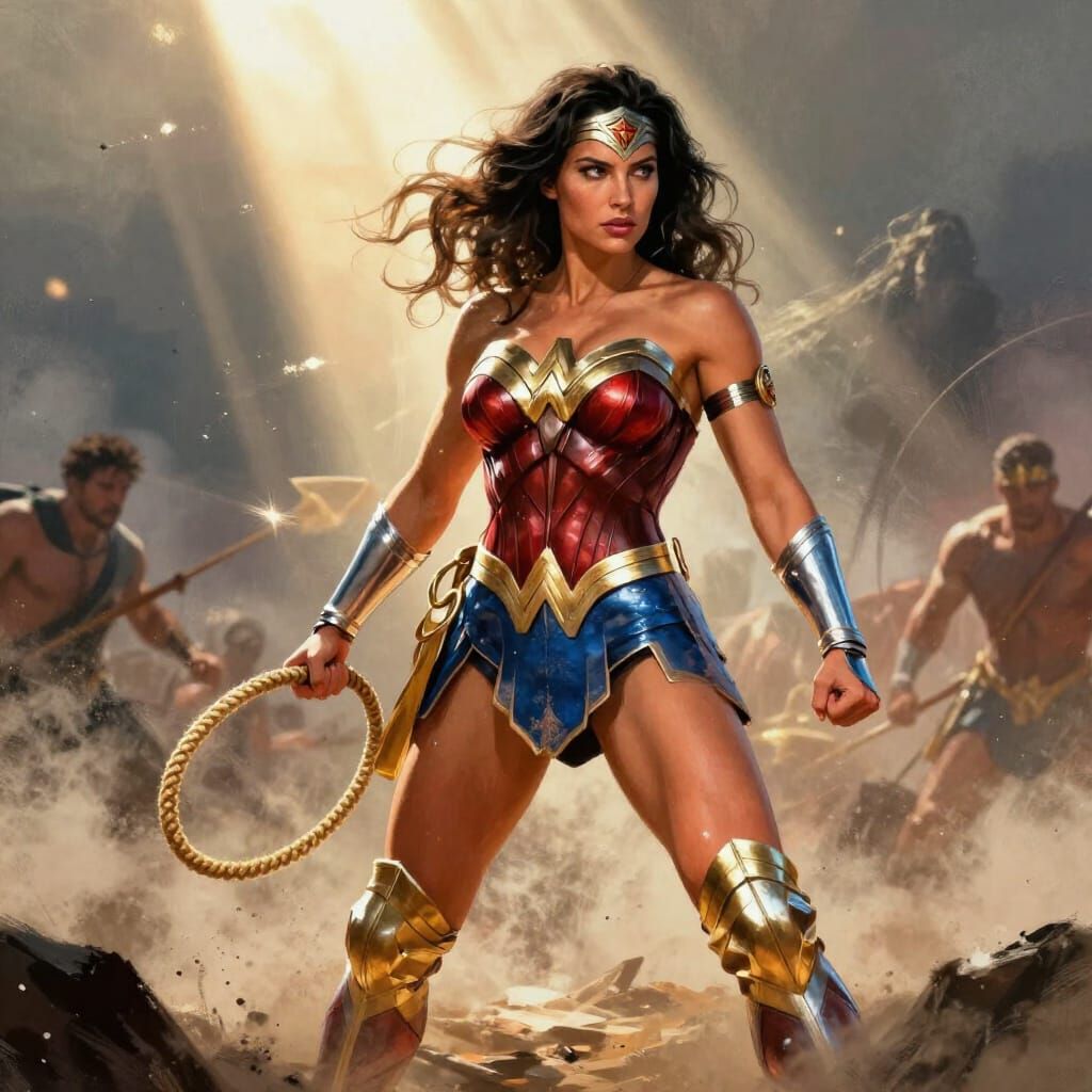 Wonder Woman in Heroic Comic Style on Battlefield