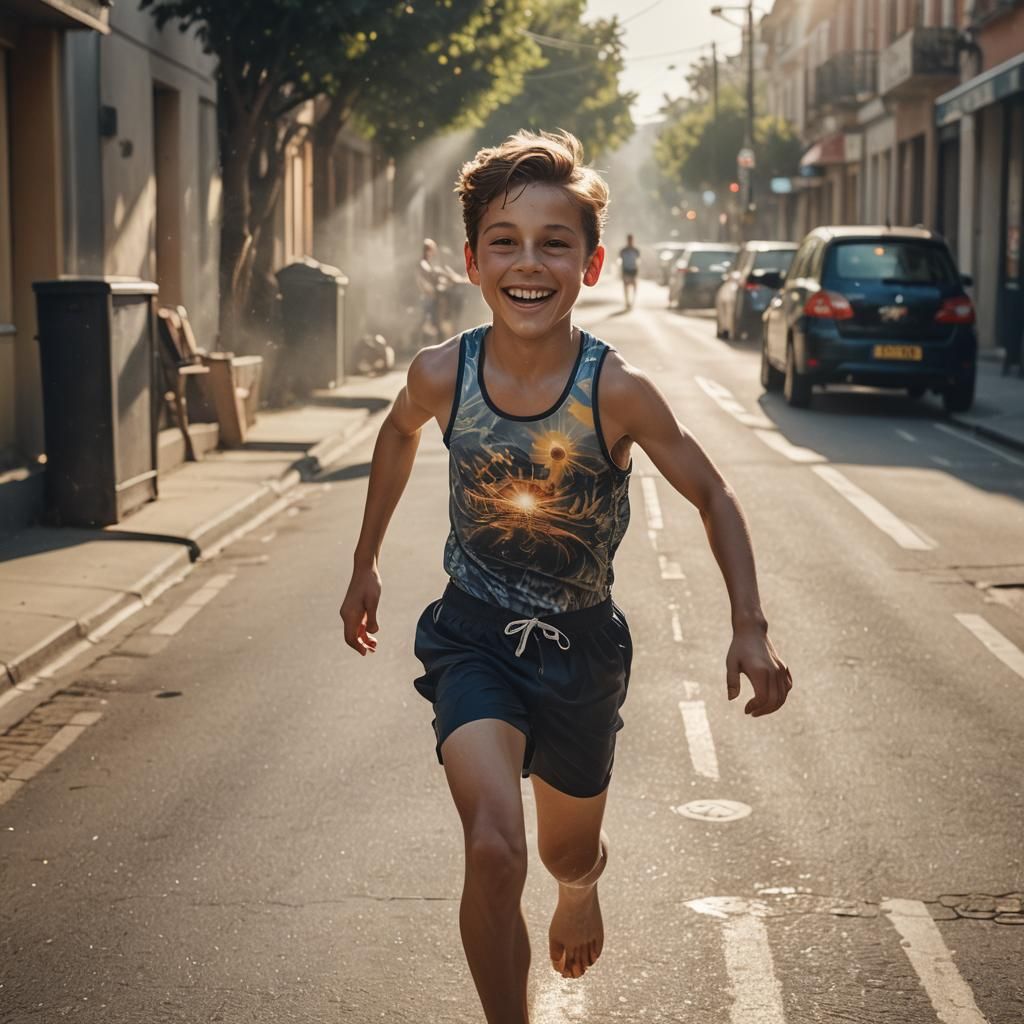 Boy Running in Sunlight: Hyper-Realistic Cinematic Portrait