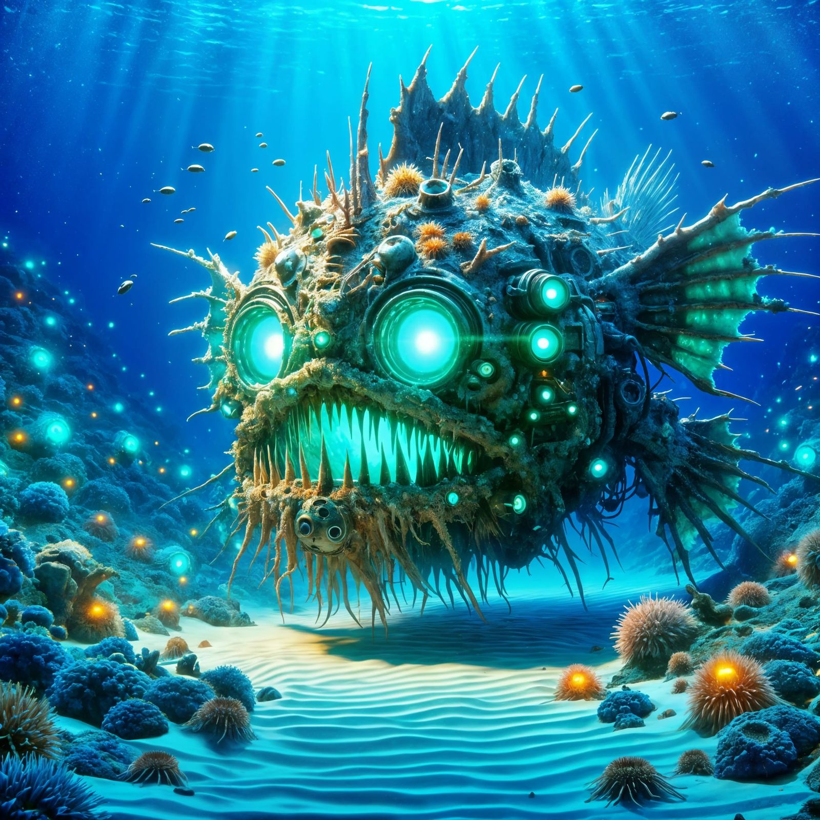 A colossal robotic anglerfish with glowing bioluminescent spikes