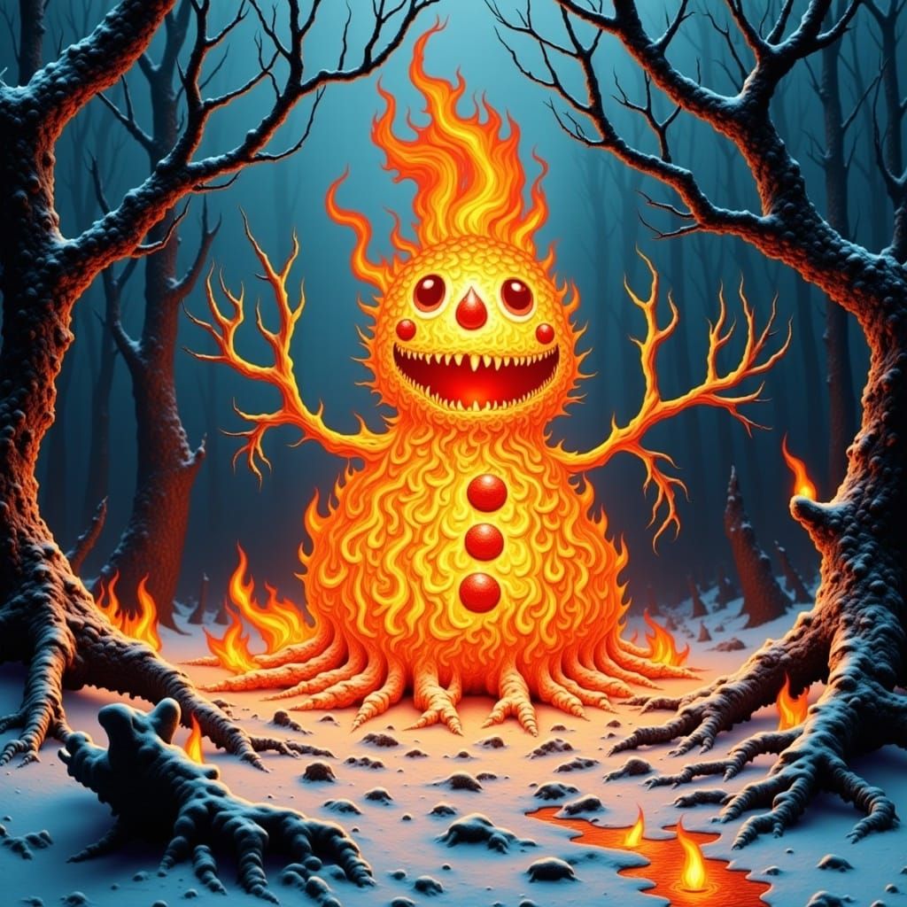 Flaming Snowman in Smoldering Landscape