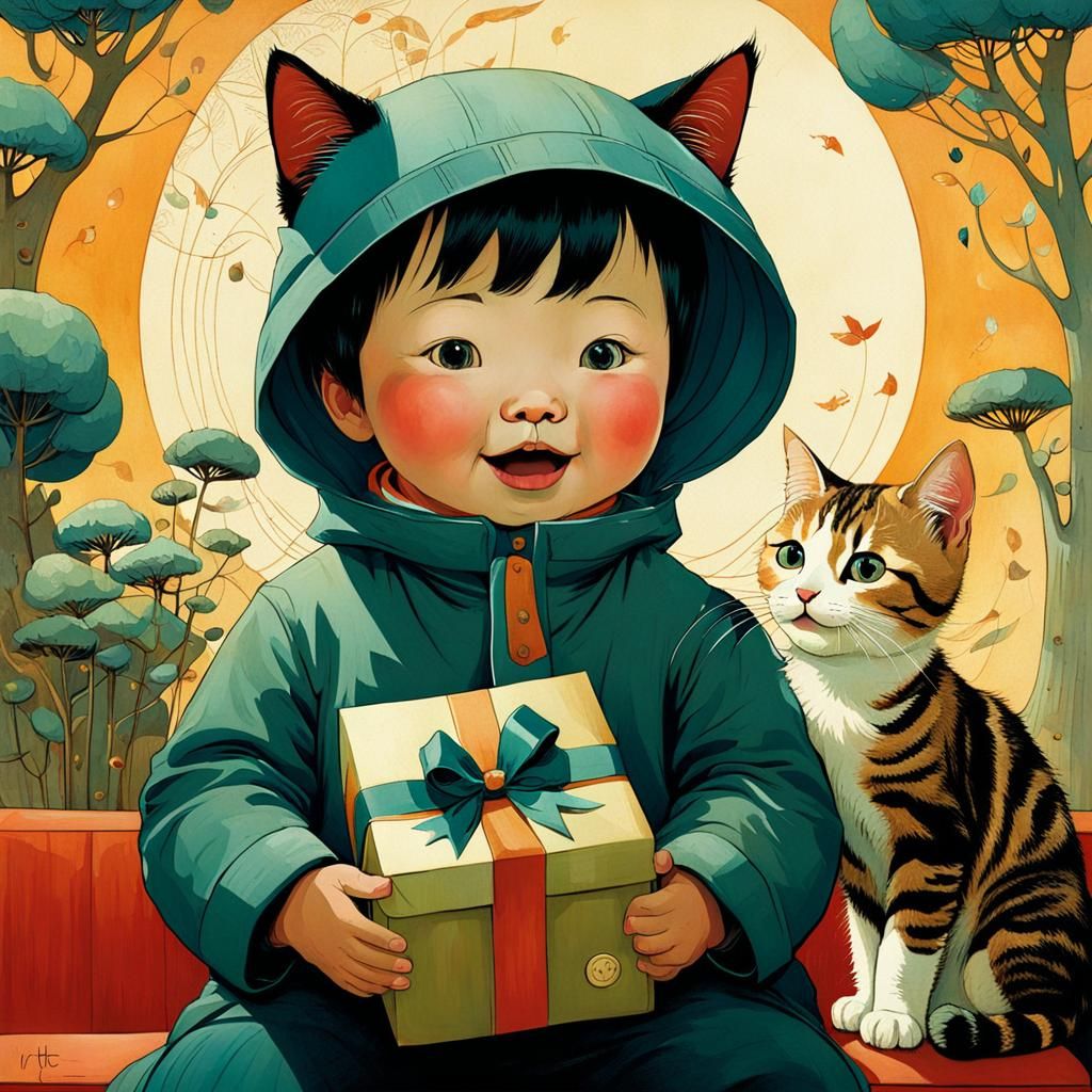 Toddler's Joy: A Cat Gift in Whimsical Illustration
