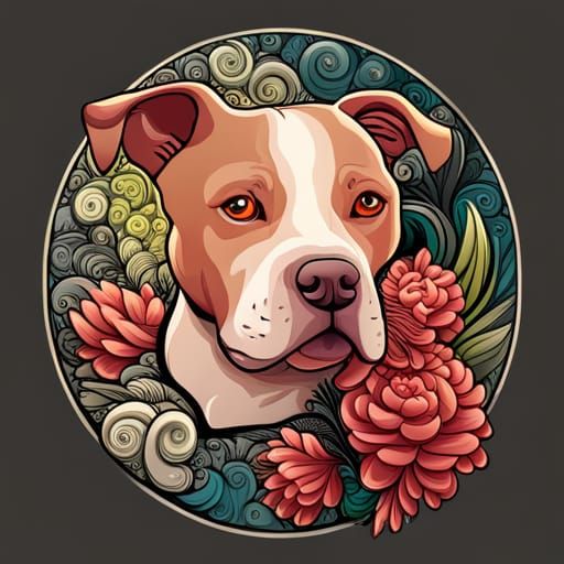Retro Cartoon Pitbull with Floral Frame