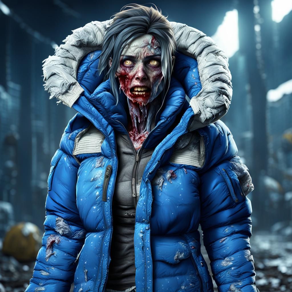 female zombie in a blue shiny nylon puffer down jacket after a battle.