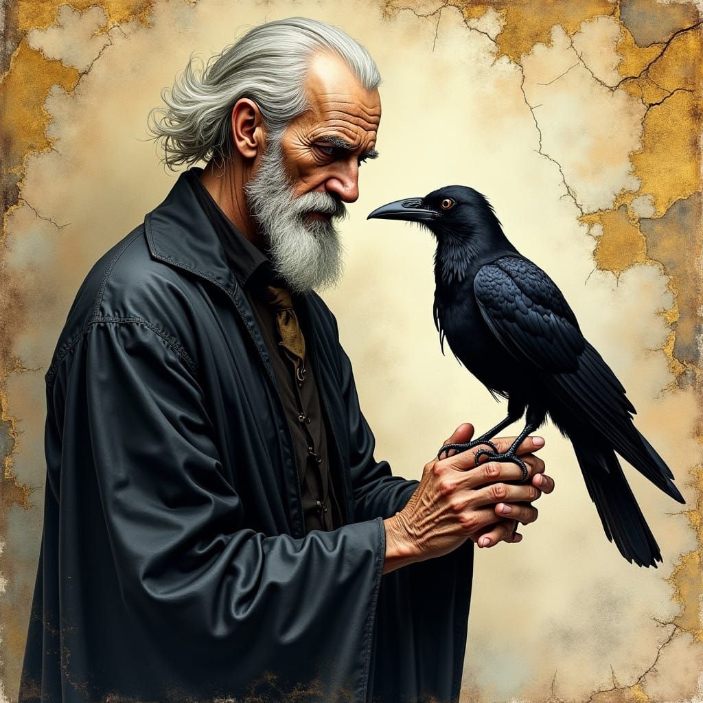 Watercolor Elderly Man with Crow in Vintage Aesthetic