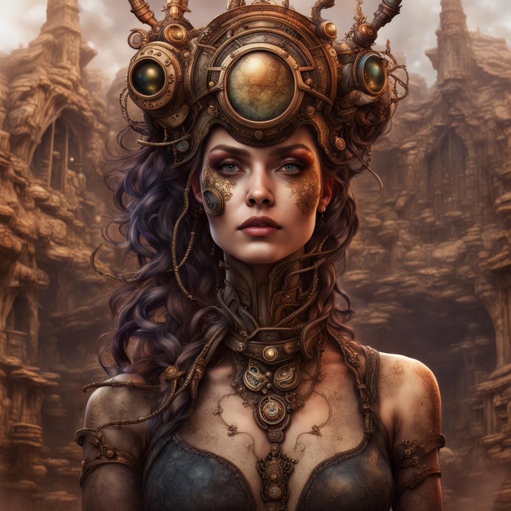 Steampunk Woman's Visage in Watercolor and Ink