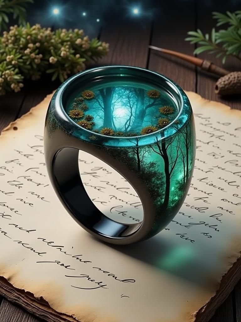 Luminescent Elven Ring on Parchment in Spring Forest