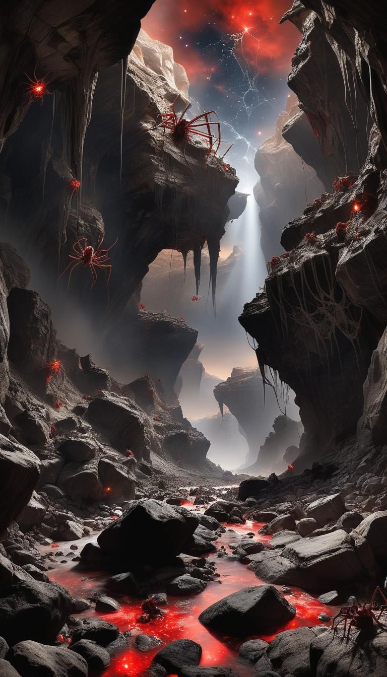 Eerie Demonweb Pits Landscape with Petrified Spiders