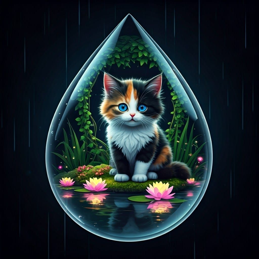 Enchanted Kitten in Bioluminescent Raindrop Landscape