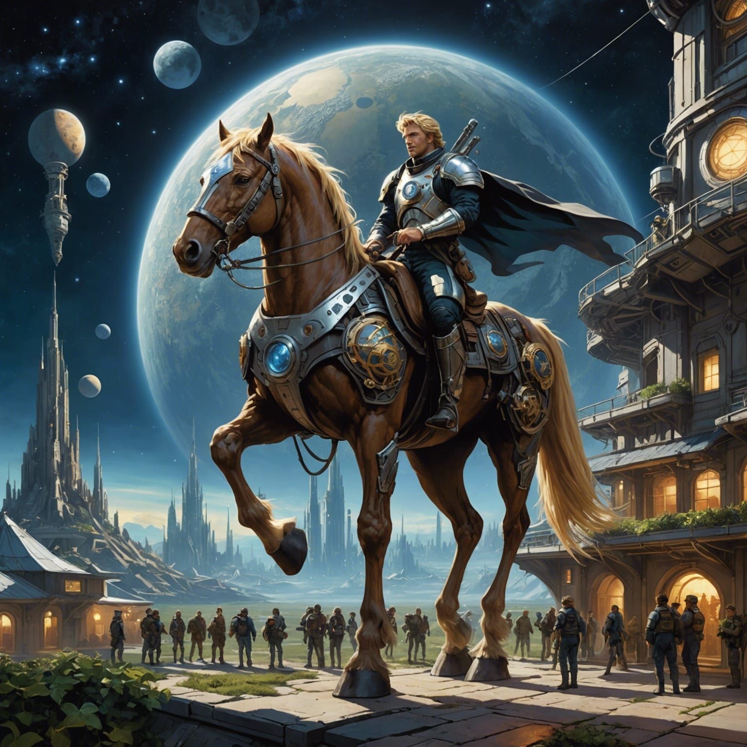 Sci-Fi Moon Colony with Dragon Riders in Space