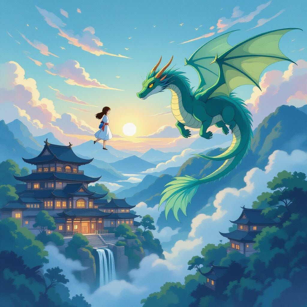 Spirited Away Poster: Chihiro & Haku Over Mystical Bathhouse