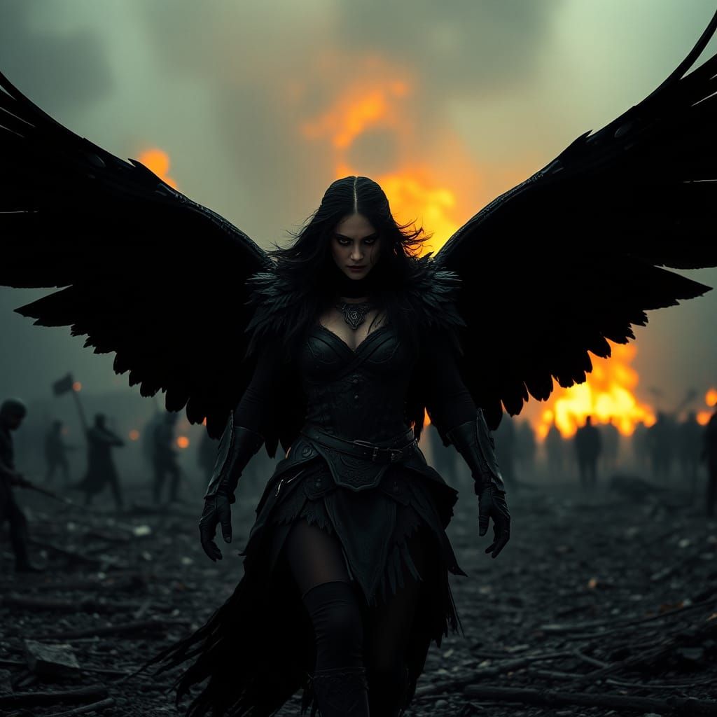 Morrigan, Celtic War Goddess, on Battleground in Cinematic S...