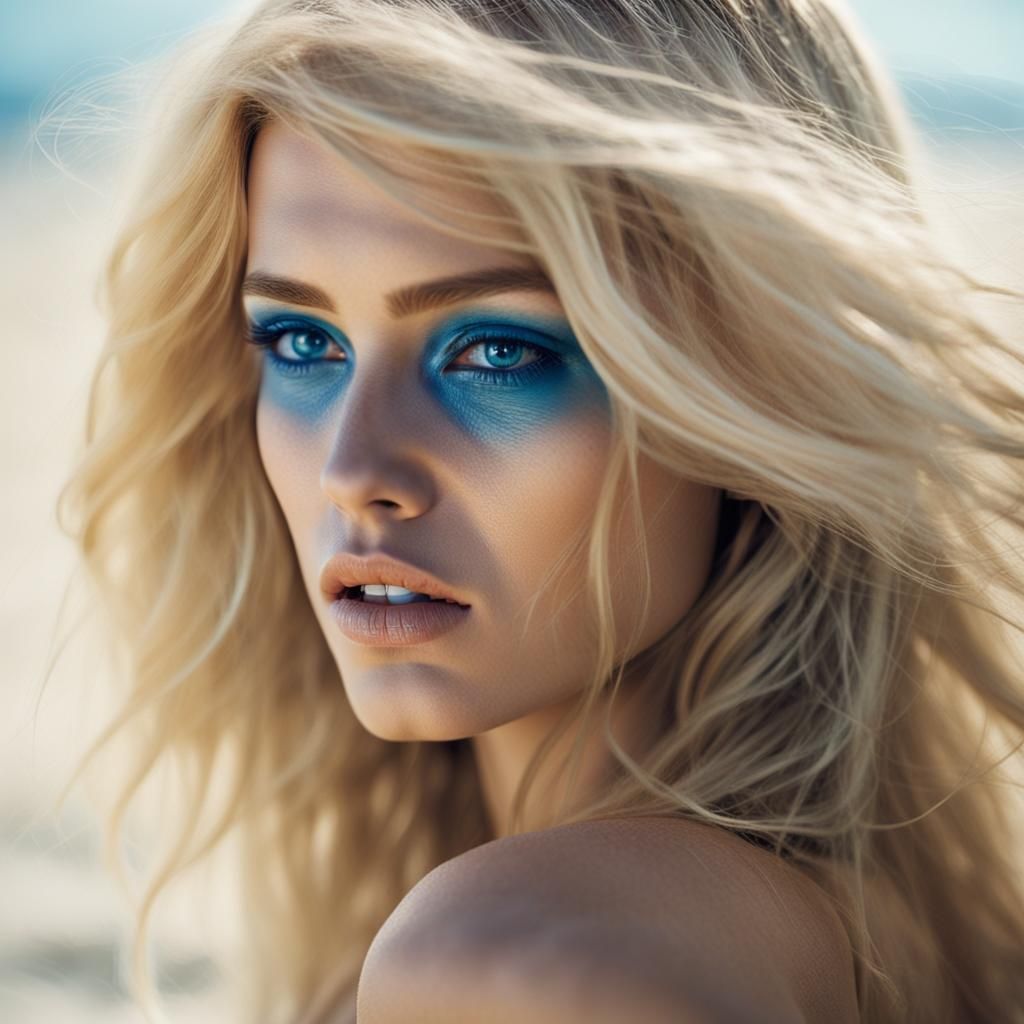 Sensual Blonde Nude on Beach with Long Hair