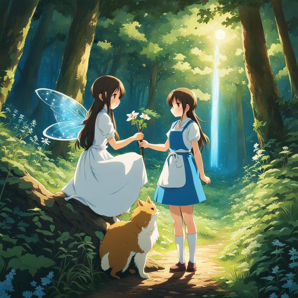 Anime Girl and Fairy in Forest, Ghibli Style