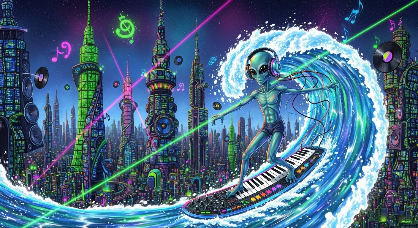 Alien DJ Surfs LSD Wave in Psychedelic Fractal City