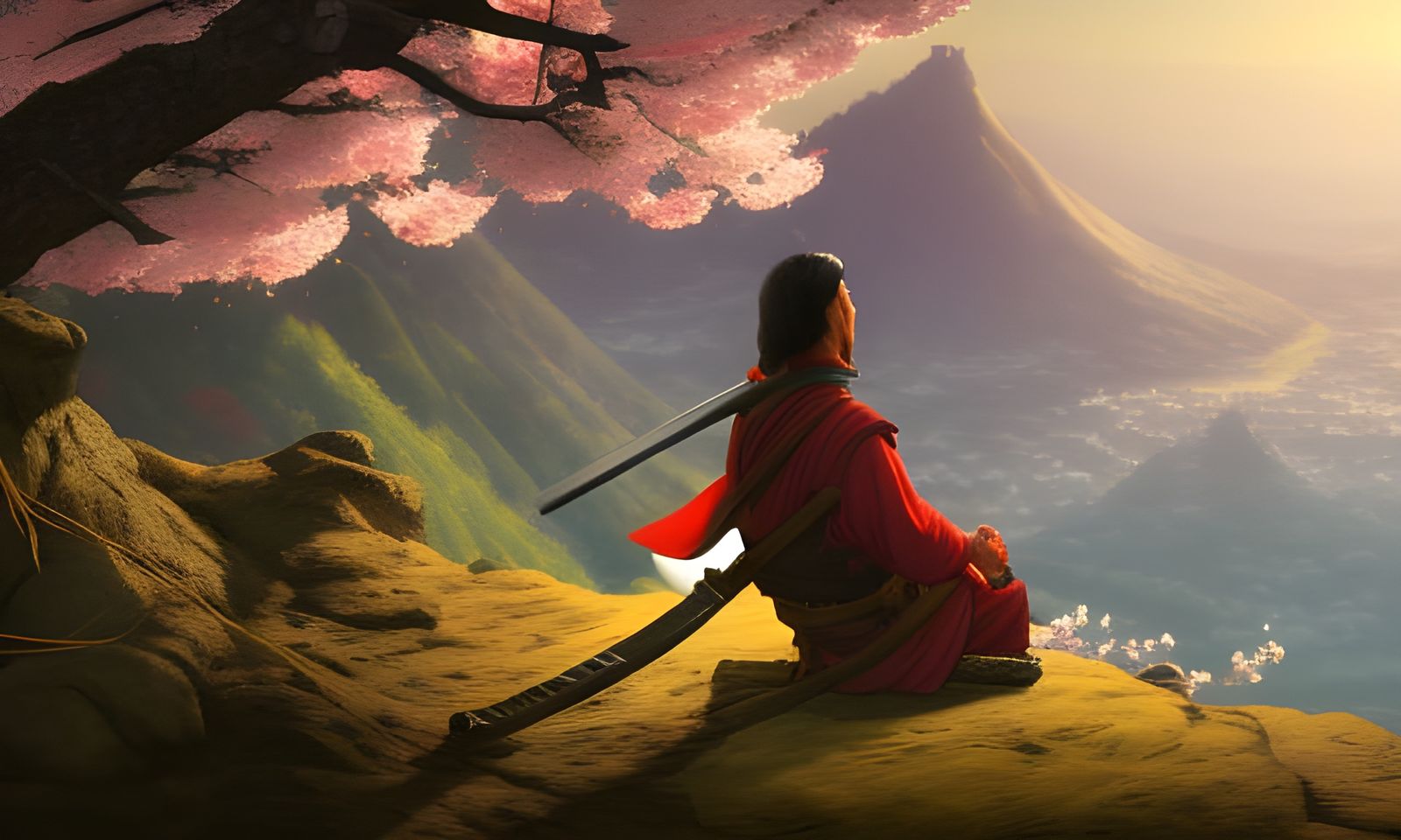 Samurai Master Under Cherry Blossom: Fantasy Concept Art