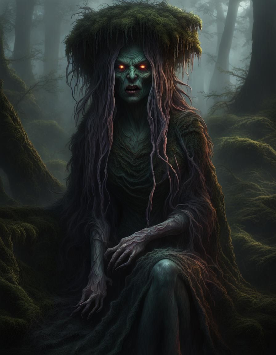 Evil Hag in Misty Forest: Dark Fantasy Horror