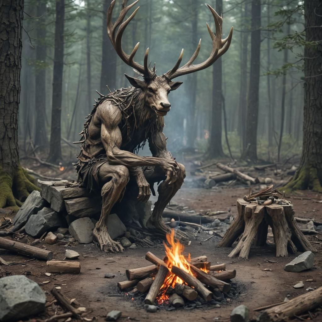 Lonely Wood Troll by Smoldering Campfire