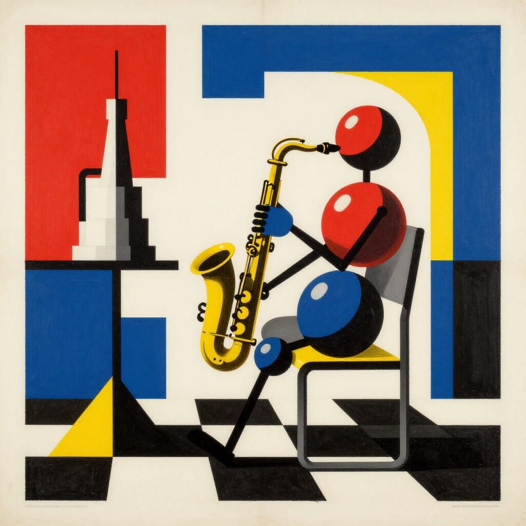 Bauhaus Movie Poster: Geometric Chess Player on Saxophone