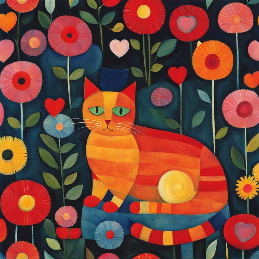 Cute Cat with Flowers, Expressionist Style