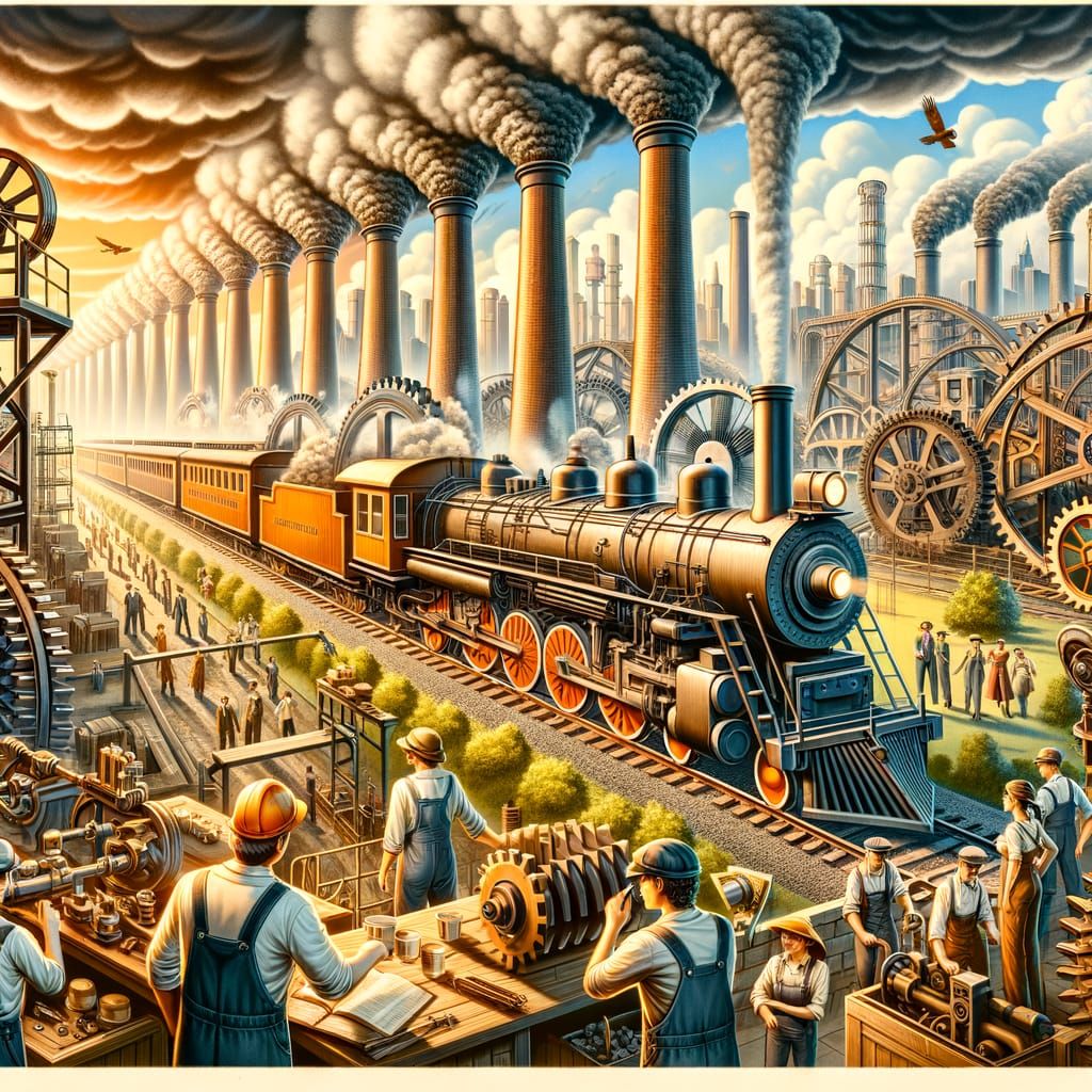 Industrial Steam Age Scene with Diverse Workers
