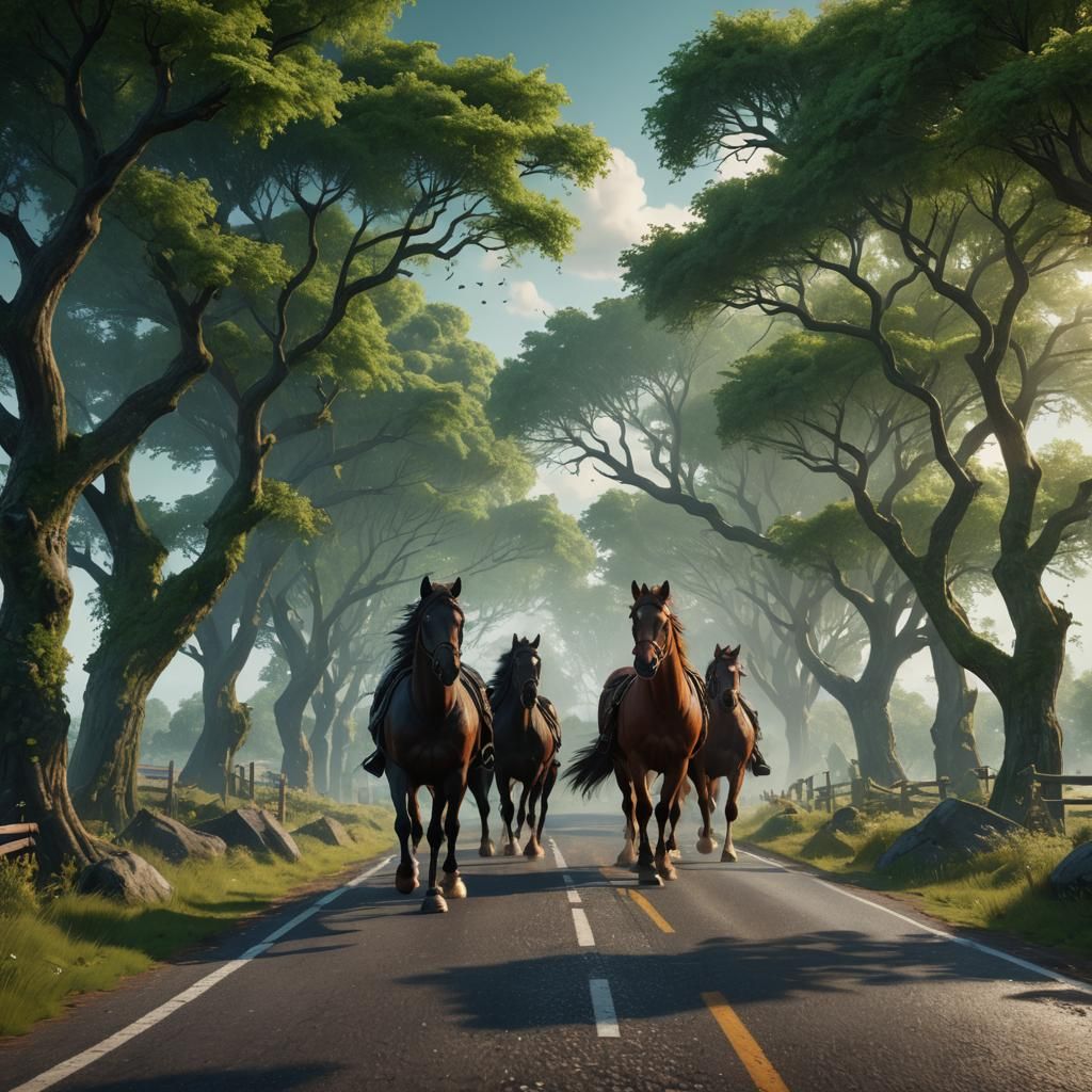 Horses on Road Under Sky: Fantasy Concept Art
