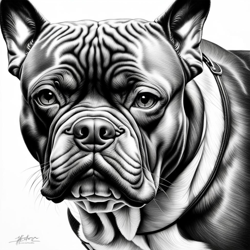 Hyper-Realistic American Bully Portrait in Black Pencil