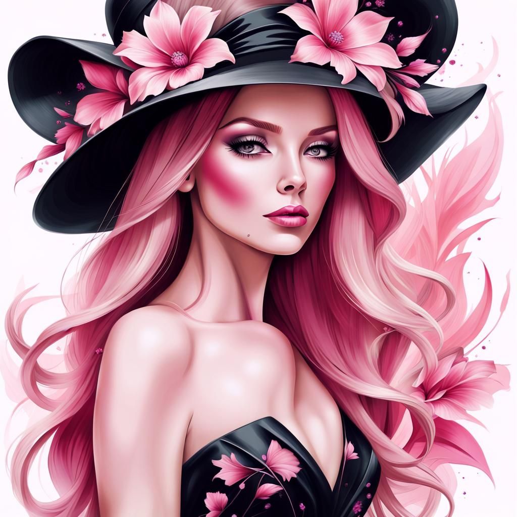 Elegant Woman with Pink Hair, Airbrush Illustration