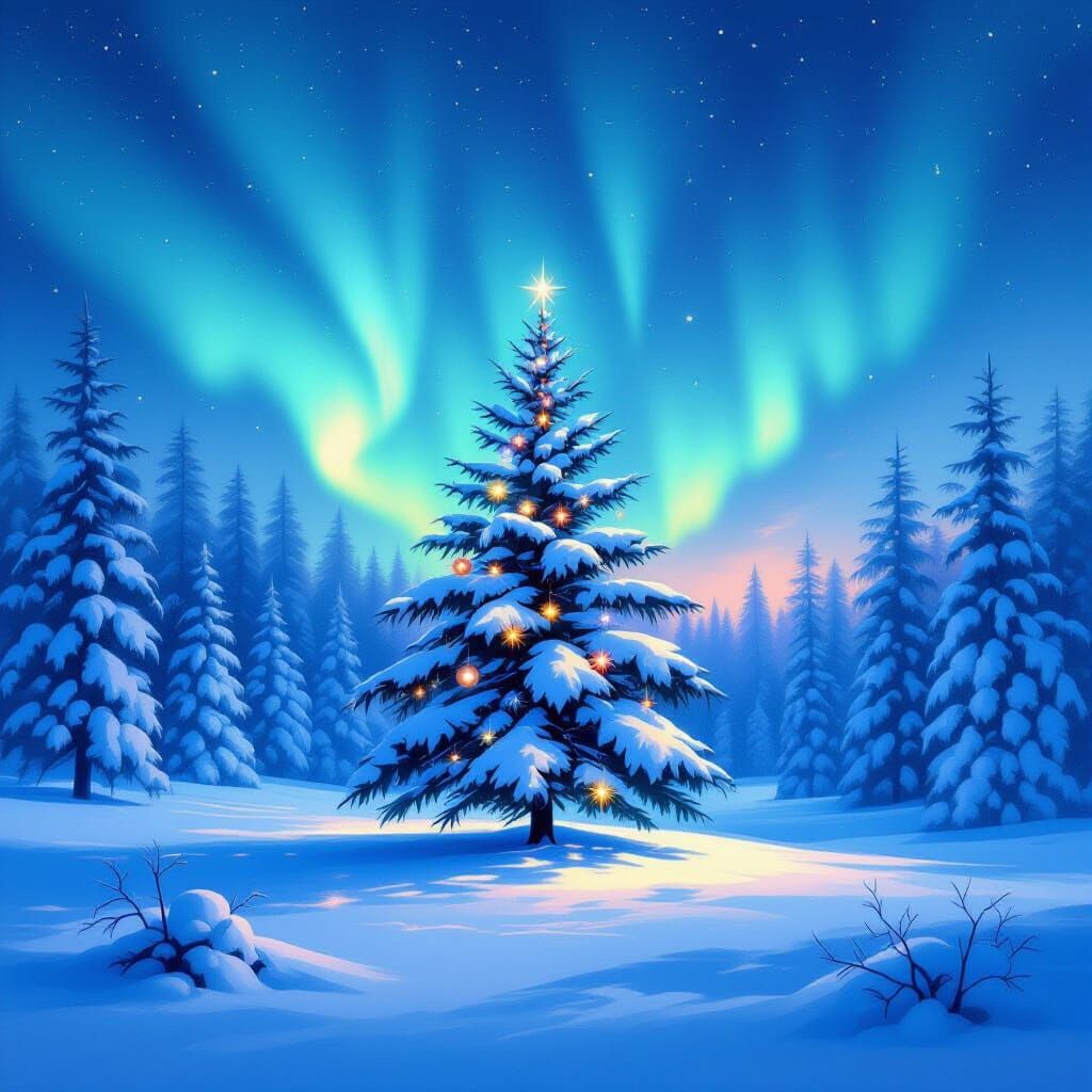 Aurora Borealis Over Snowy Forest with Ancient Christmas Tre...