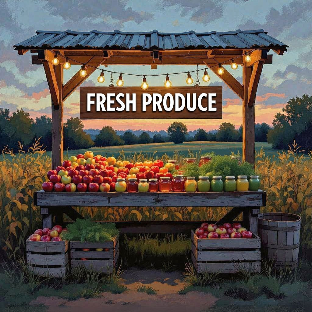 Rustic Farmstand at Twilight: Mixed Media