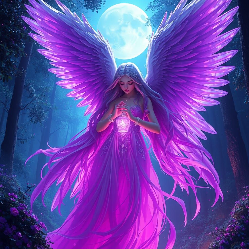 Floating Angel in Crystal Forest at Night