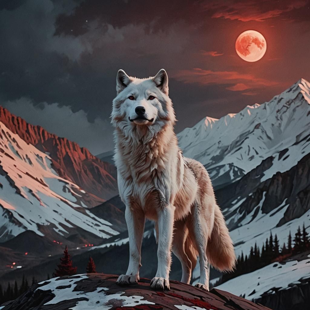 White Wolf Under Red Moon in Earthy Oil Painting