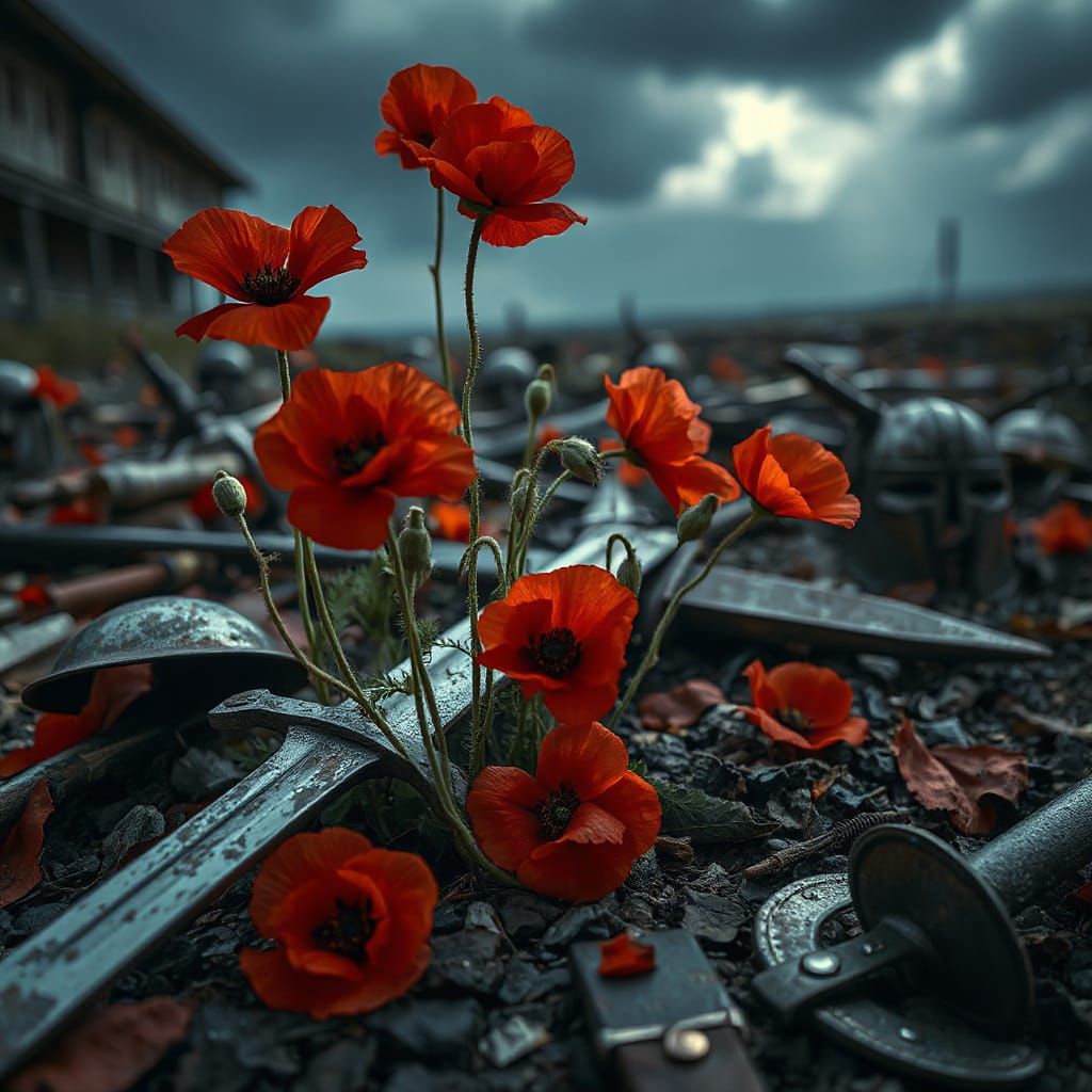 Poppies Bloom from War Remnants in Hyperreal Style