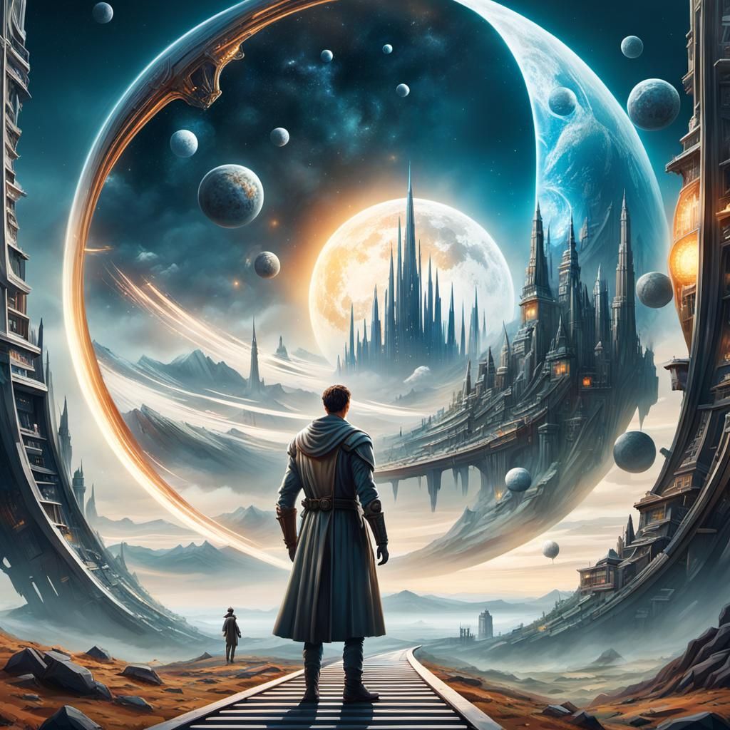 Ethereal Figure on Cosmic Cliff: Sci-Fi Book Cover