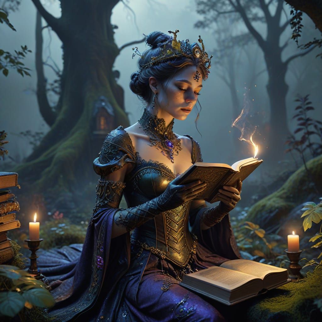 Enchanted Frog Sits Among Books and Glowing Artifacts