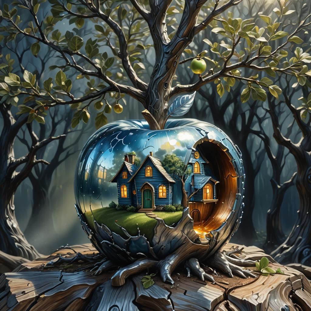 Silver Apple with Glowing House: 3D Fantasy Art