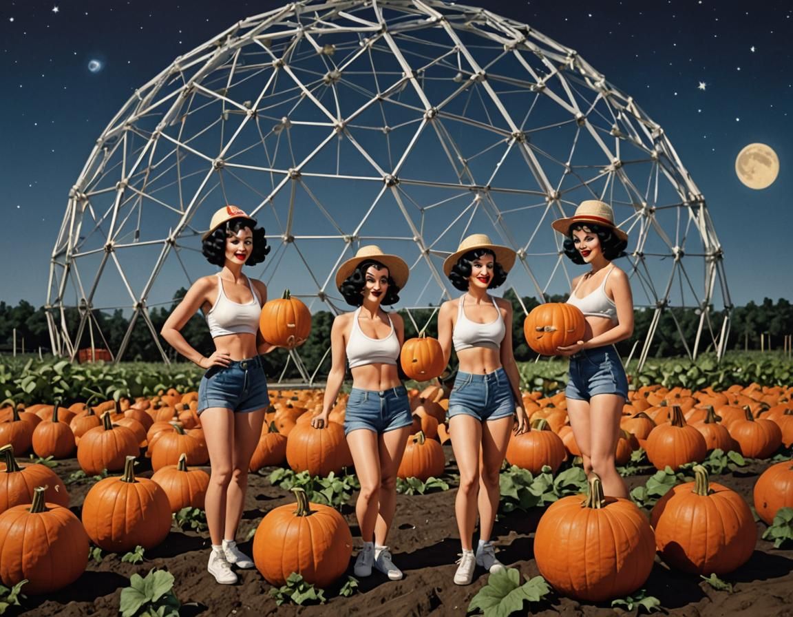 Retro Cartoon Women Tend Lunar Pumpkin Patch