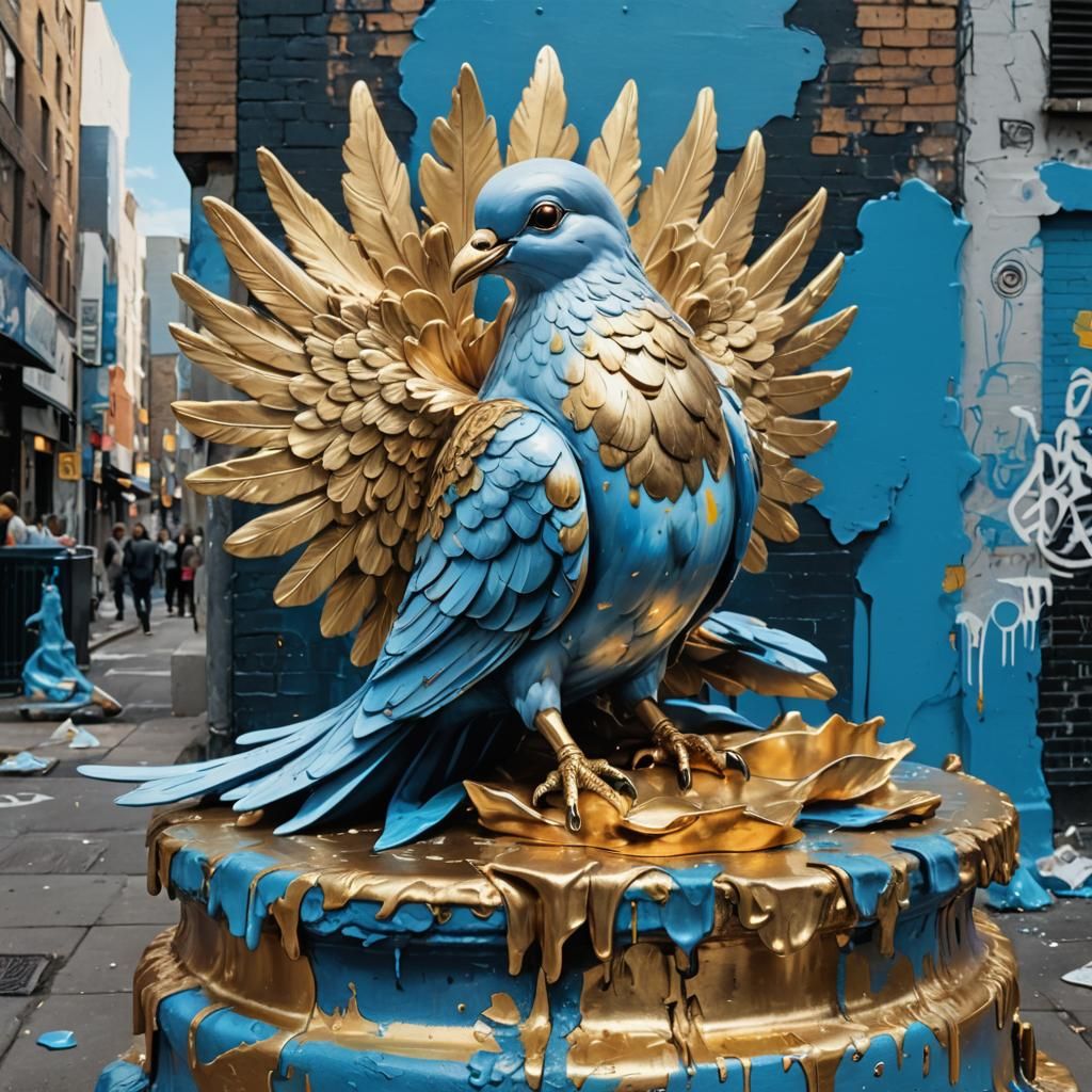 Gold and Blue Dove Statue in Urban Street Art